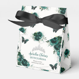 Emerald Green Floral Silver Quinceañera Butterfly Bedankdoosjes