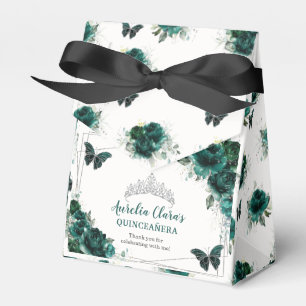 Emerald Green Floral Silver Quinceañera Butterfly Bedankdoosjes