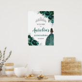 Emerald Green Floral Silver Quinceañera Welkom Poster (Keuken)