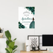 Emerald Green Floral Silver Quinceañera Welkom Poster (Thuiskantoor)