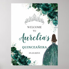 Emerald Green Floral Silver Quinceañera Welkom Poster