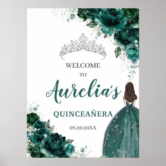 Emerald Green Floral Silver Quinceañera Welkom Poster (Voorkant)