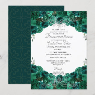 Emerald Green Floral Sweet 15 Quinceanera Kaart