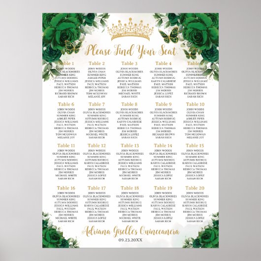 Emerald Green Floral Sweet 16 Quinceanera Seating Poster (Voorkant)
