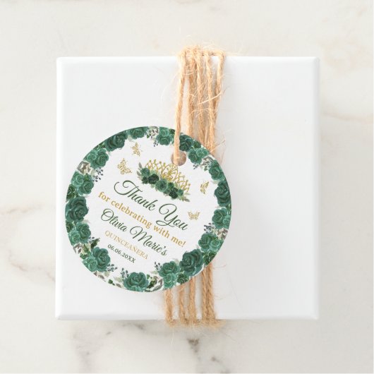 Emerald Green Floral Tiara Butterfly Quinceanera Bedankjes Labels (In situ)
