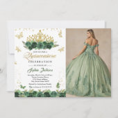 Emerald Green Floral Tiara Butterfly Quinceanera Kaart (Voorkant)