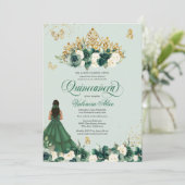 Emerald Green Floral Tiara + Butterfly Quinceanera Kaart (Staand voorkant)