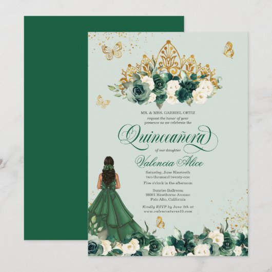 Emerald Green Floral Tiara + Butterfly Quinceanera Kaart (Voorkant / Achterkant)
