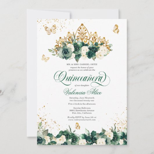 Emerald Green Floral Tiara + Butterfly Quinceanera Kaart (Voorkant)
