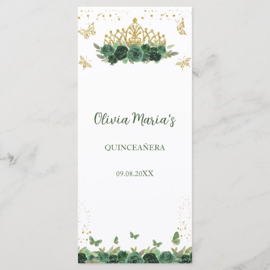 Emerald Green Floral Tiara + Butterfly Quinceanera Menu (Achterkant)