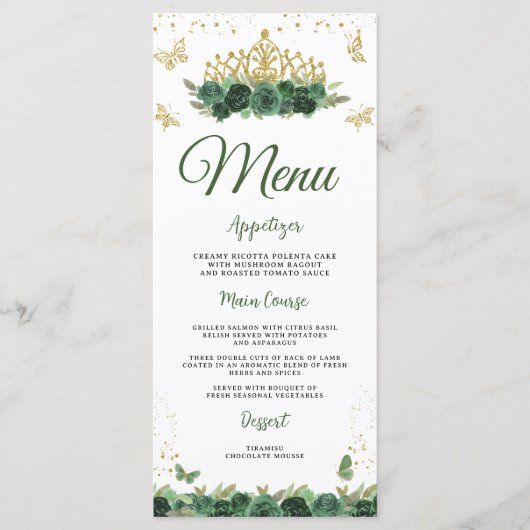 Emerald Green Floral Tiara + Butterfly Quinceanera Menu (Voorkant)