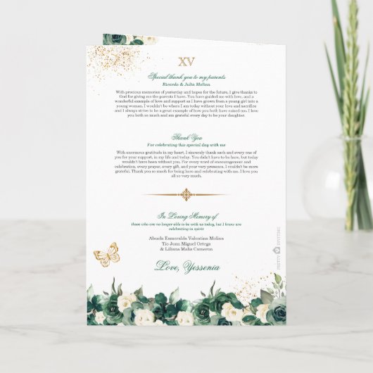 Emerald Green Floral Tiara Butterfly Quinceanera Programma (Achterkant)