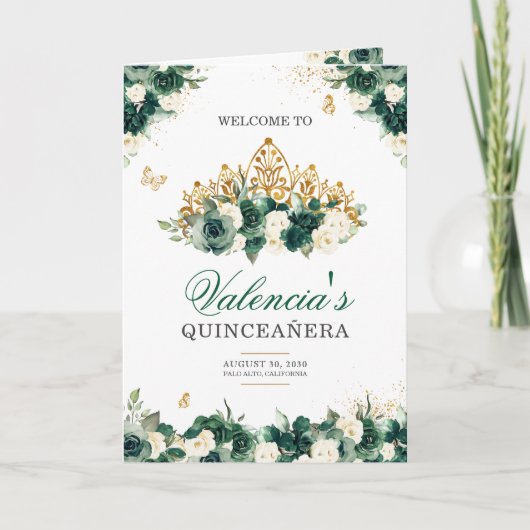 Emerald Green Floral Tiara Butterfly Quinceanera Programma (Voorkant)