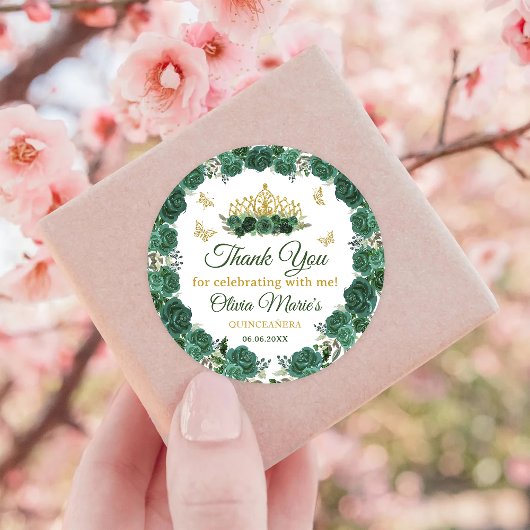Emerald Green Floral Tiara Butterfly Quinceanera Ronde Sticker