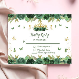 Emerald Green Floral Tiara + Butterfly Quinceanera RSVP Kaartje