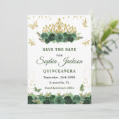 Emerald Green Floral Tiara Butterfly Quinceanera Save The Date (Staand voorkant)