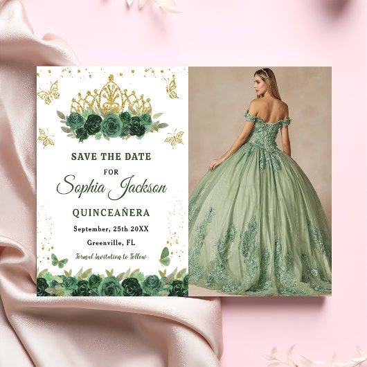 Emerald Green Floral Tiara Butterfly Quinceanera Save The Date