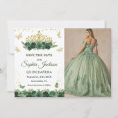 Emerald Green Floral Tiara Butterfly Quinceanera Save The Date (Voorkant)