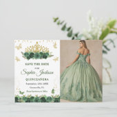 Emerald Green Floral Tiara Butterfly Quinceanera Save The Date (Staand voorkant)