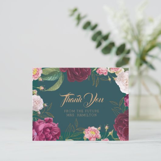 Emerald Green Floral Weddig Flat Hartelijk dank Briefkaart (Staand voorkant)