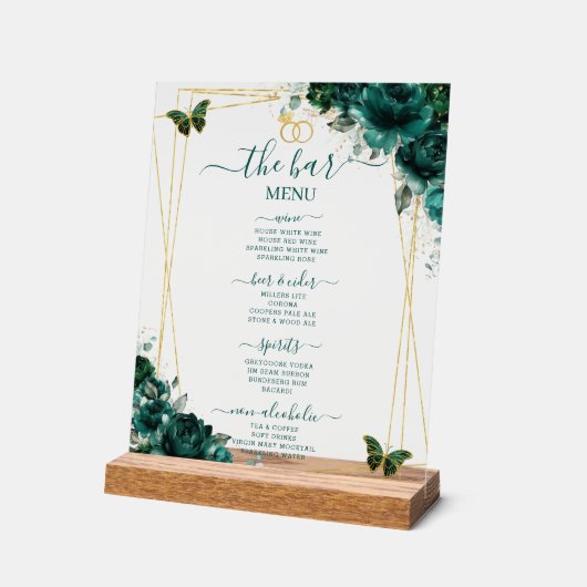 Emerald Green Floral Wedding Bar Cocktail Menu Acryl Bord (Hoek)