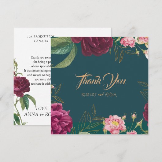 Emerald Green Floral Wedding Bedankkaart (Voorkant / Achterkant)