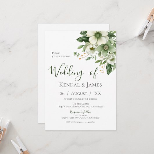 Emerald Green Floral Wedding Kaart (Voorkant / Achterkant in situ)