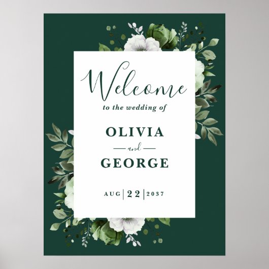 Emerald Green Floral Wedding Welcome Sign Poster (Voorkant)