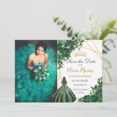 Emerald Green Flowers Princess Quinceañera Foto Save The Date (Staand voorkant)