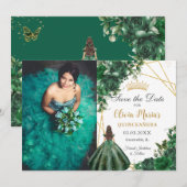 Emerald Green Flowers Princess Quinceañera Foto Save The Date (Voorkant / Achterkant)