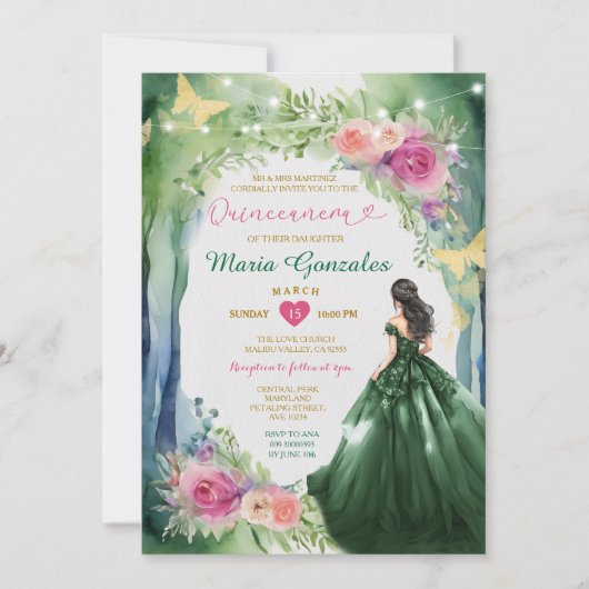 Emerald Green Forest Jurk Roze Bloemen Quinceañera Kaart (Voorkant)