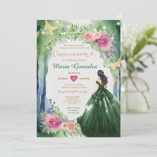 Emerald Green Forest Jurk Roze Bloemen Quinceañera Kaart (Staand voorkant)