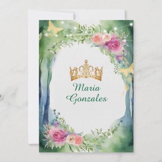 Emerald Green Forest Jurk Roze Bloemen Quinceañera Kaart (Achterkant)