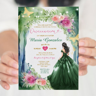 Emerald Green Forest Jurk Roze Bloemen Quinceañera Kaart