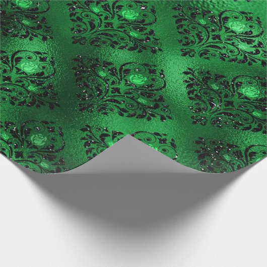 Emerald Green Glam Damask Roos Patroon Cadeaupapier (Hoek)