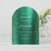 Emerald Green Glam geborsteld metalen boog bruilof Kaart (Staand voorkant)