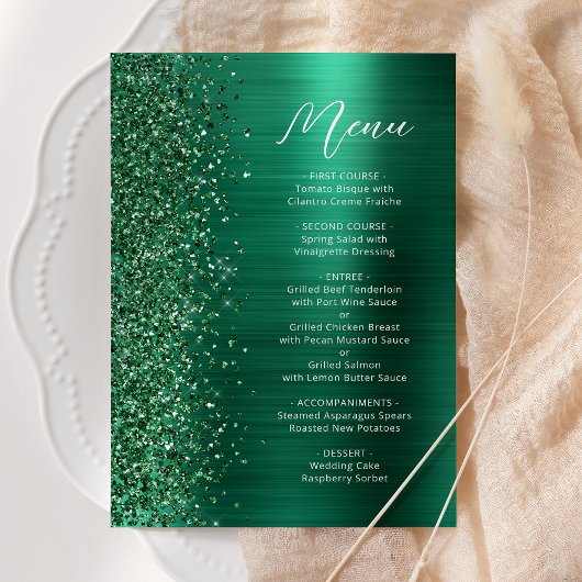 Emerald Green Glam Glitter Script Wedding Menu