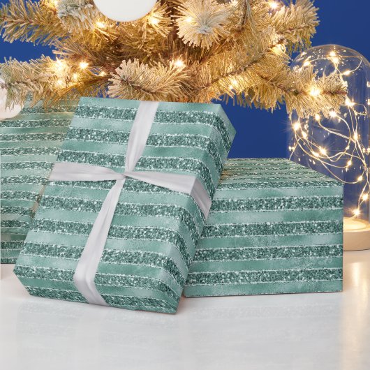 Emerald Green Glam Glitter Stripes Cadeaupapier (Feestdagen)
