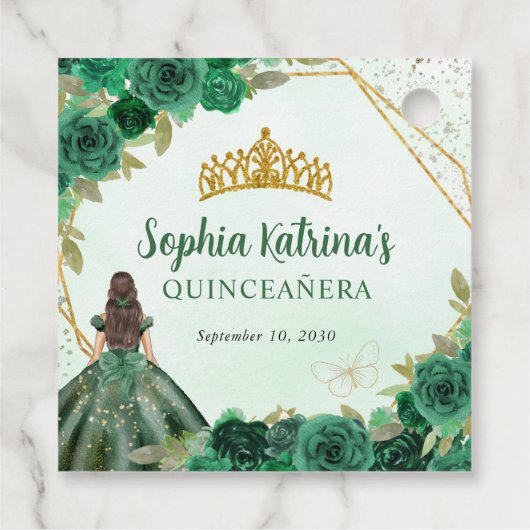 Emerald Green Glam Gold Floral Princess Tiara Bedankjes Labels (Achterkant)