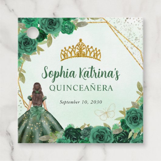Emerald Green Glam Gold Floral Princess Tiara Bedankjes Labels (Voorkant)