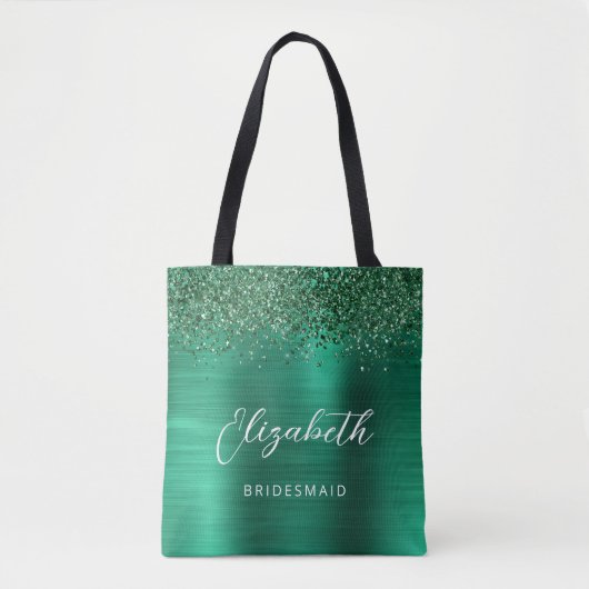 Emerald Green Glam Metallic Script Bridesmaid Tote Bag (Voorkant)