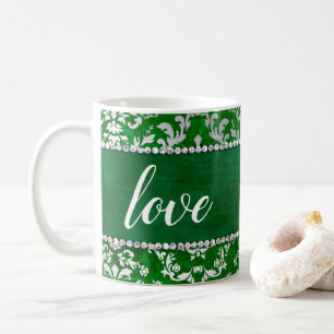 Emerald Green Glimmer Damask Silver Love Mok Cup