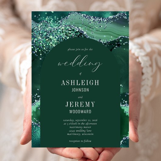 Emerald Green Glitter Arch Wedding Kaart