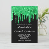 Emerald Green Glitter Folie Drips Black Sweet 16 Kaart (Staand voorkant)