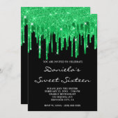 Emerald Green Glitter Folie Drips Black Sweet 16 Kaart (Voorkant / Achterkant)