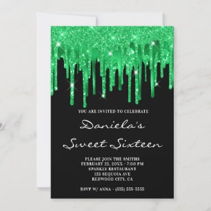 Emerald Green Glitter Folie Drips Black Sweet 16 Kaart