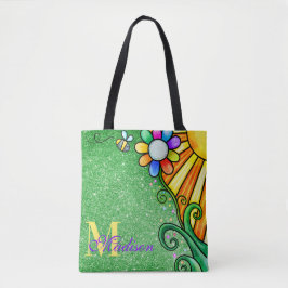Emerald Green Glitter Whimsy Flower Sunshine Bee Tote Bag