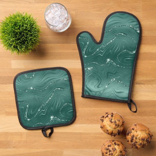 Emerald Green Glitzy Marble Ovenwant & Pannenlap Set (Top down)