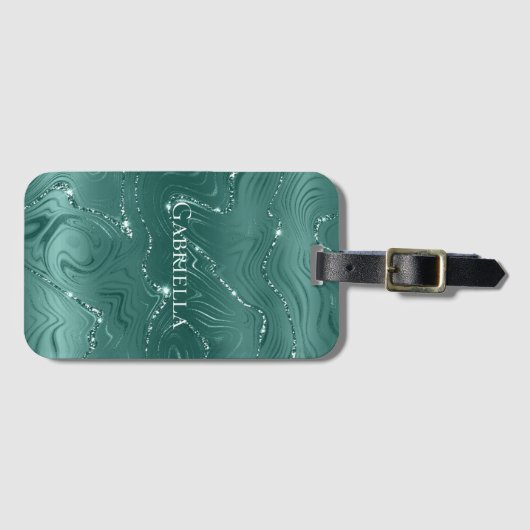 Emerald Green Glitzy Marmer Gepersonaliseerd Bagagelabel (Voorkant (horizontaal))