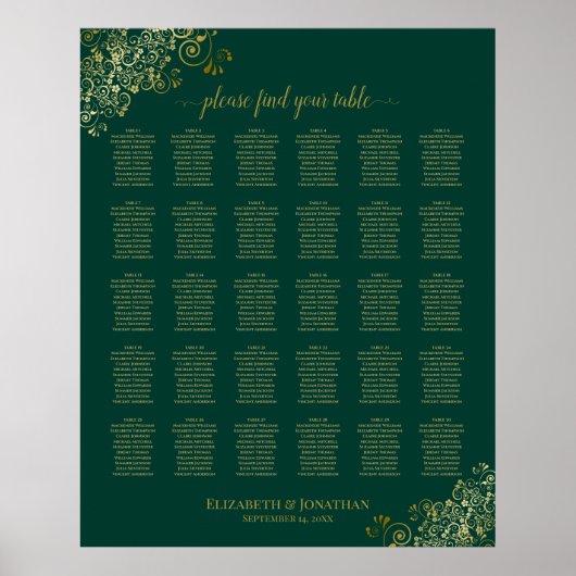Emerald Green Gold 30 Table Wedding Seating Chart Poster (Voorkant)